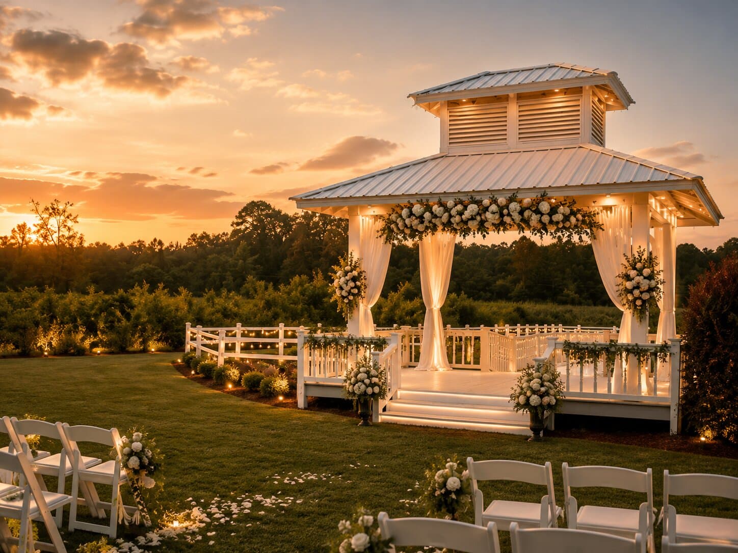 Outdoor wedding ceremony gazebo with floral arch at golden hour, Havenwing Vineyards