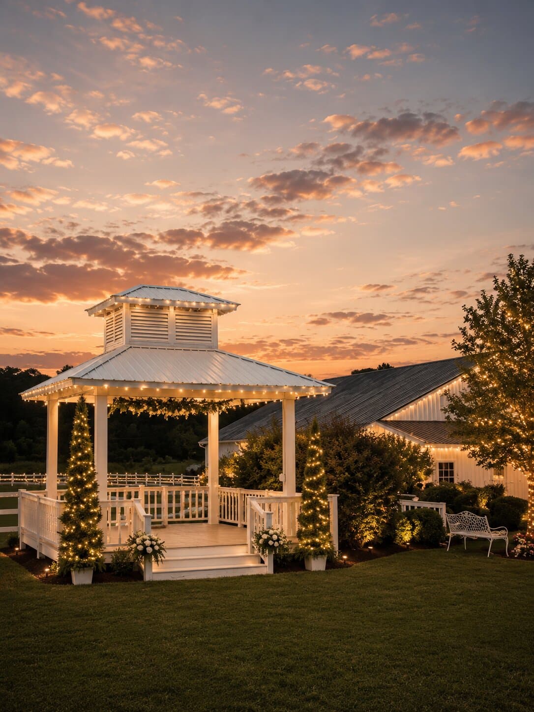 Wedding gazebo lit with string lights at twilight, Havenwing Vineyards