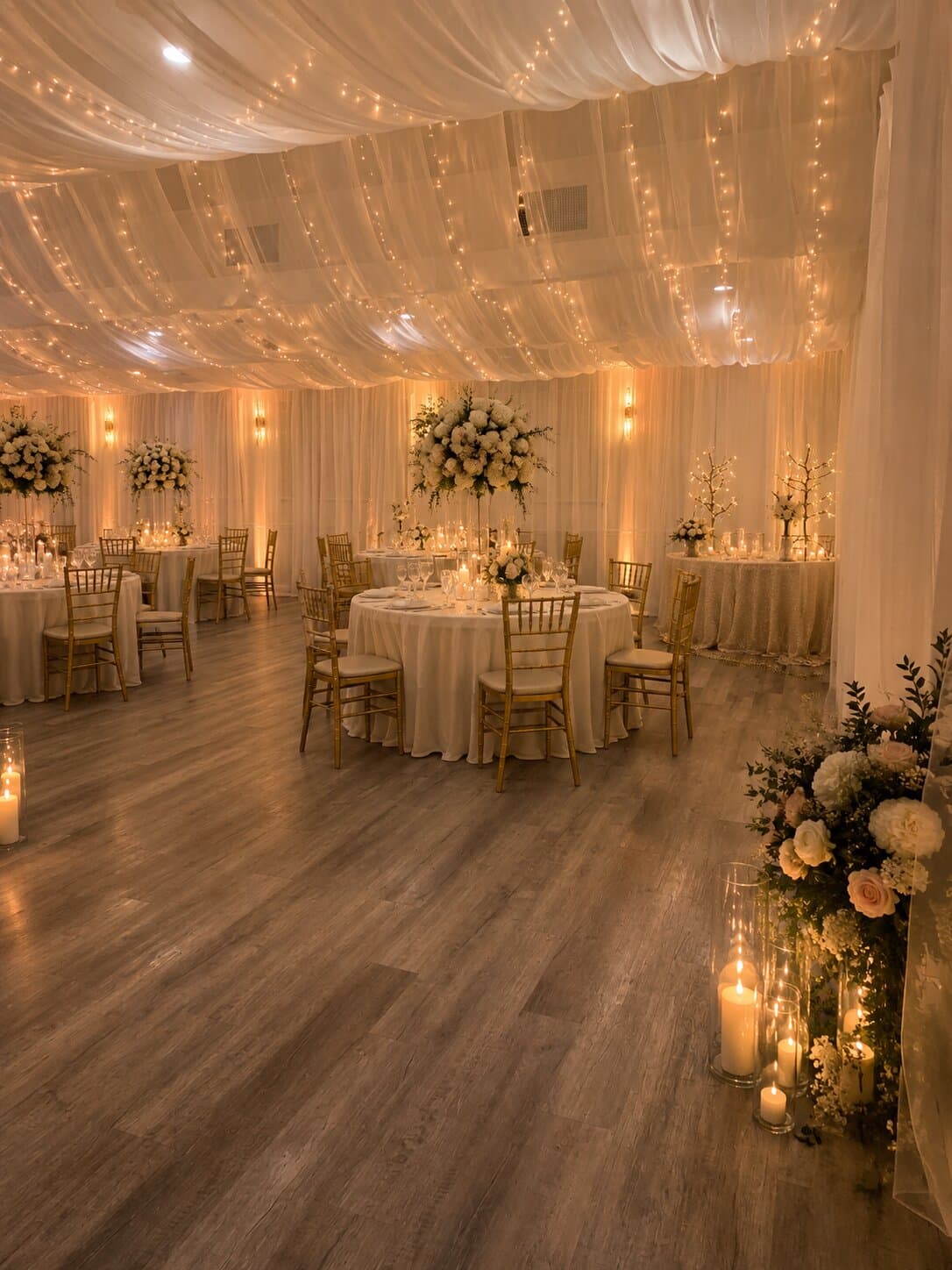 Wedding reception round tables with gold chairs, florals and warm lighting