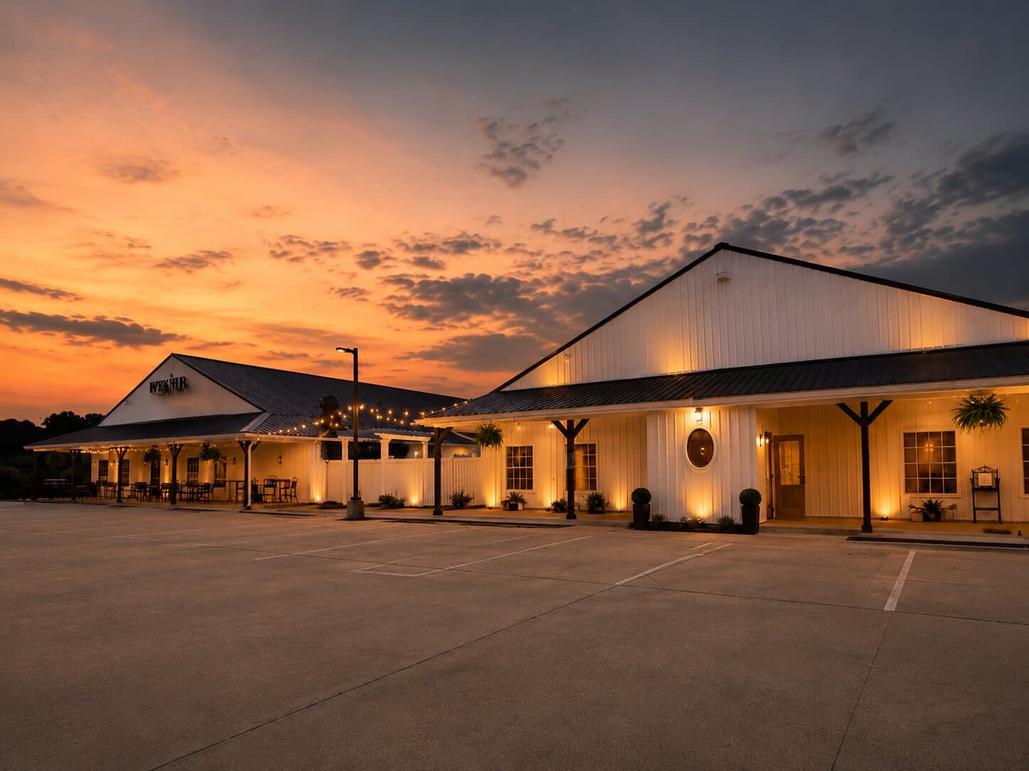 Havenwing Vineyards venue exterior at sunset in Benson, North Carolina