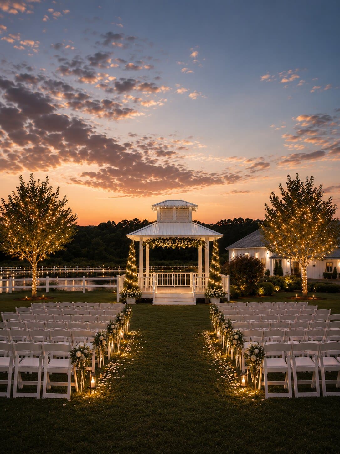 Waterfront wedding ceremony by the pond at sunset, Havenwing Vineyards