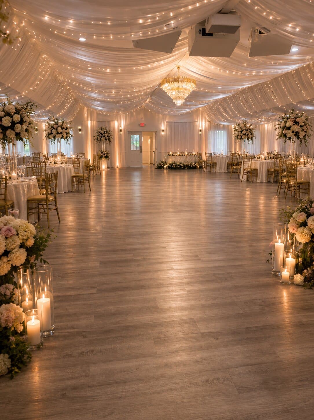 Elegant indoor wedding reception ballroom with draped ceiling and chandelier, Havenwing Vineyards